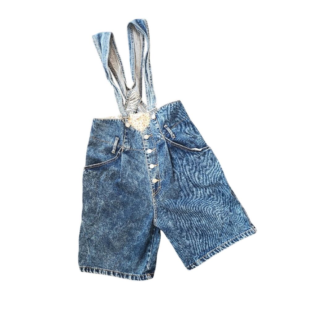 Vintage 1980s Acid Wash Distressed Denim Overall Shorts Made In Usa